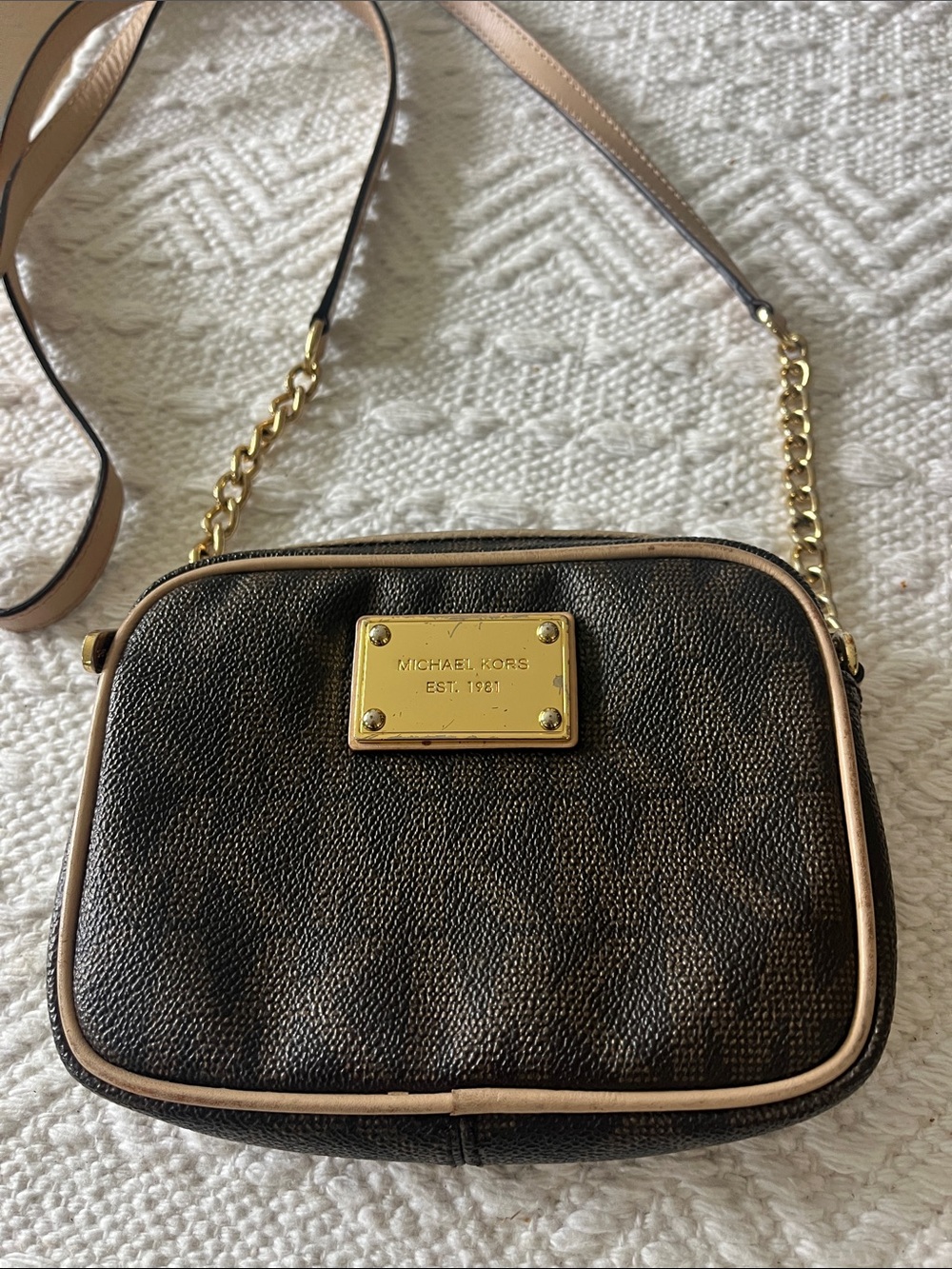 Michael Kors Brown and Tan Signature Crossbody with Gold Plate